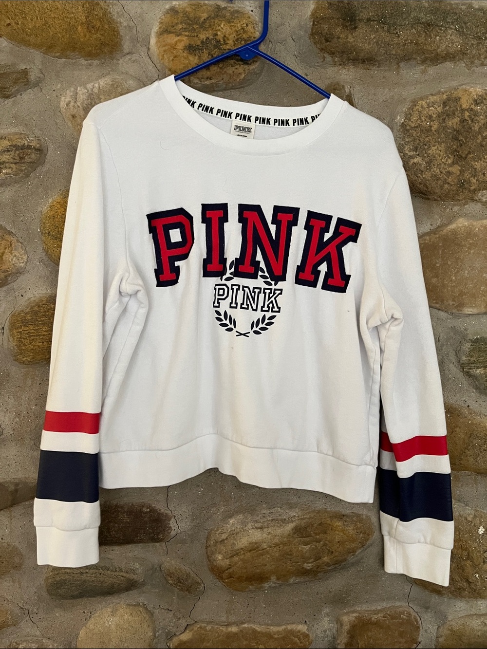 PINK Victoria's Secret White Crewneck Sweatshirt with Red & Navy Accents